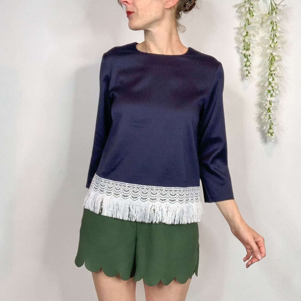 NWT ENGLISH FACTORY satin blouse fringe tassel navy long sleeve flapper 2266